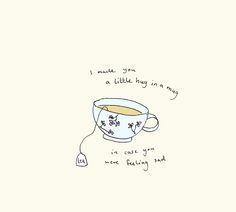 a drawing of a tea cup with the words i met you a little hug in a mug