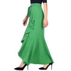 Green Tie Waist Ruffle Hem Mermaid Skirt Skirt Asymmetrical, Solid Skirt, Wedding Skirt, Skirts Women, Wrap Maxi Skirt, Dresses Chiffon, Long Skirts For Women, Black Tulle, Green Tie