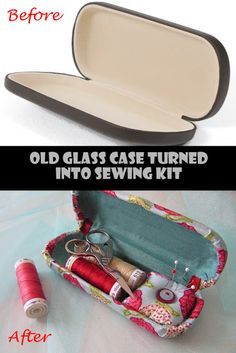 an old case turned into sewing kit with scissors and thread in it, before and after