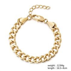 This classic link chain bracelet is 18K gold plated on durable stainless steel. An elegant and timeless option, the link chain bracelet is perfect for everyday wear. Elegant Cuban Link Chain Bracelet, Classic Gold Chain Cuban Link Bracelets, Elegant Cuban Link Chain Bracelet With Solid Links, Elegant Cuban Link Chain Bracelet With Solid Construction, Everyday Gold-plated Cuban Link Bracelet, Everyday Gold Plated Cuban Link Bracelet, Classic Cuban Link Bracelet, Tarnish Resistant, Elegant Bracelet With Chunky Cuban Link Chain, Classic Chain Bracelet With Chunky Oval Links