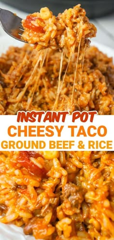 instant pot cheesy taco ground beef and rice on a white plate with a fork