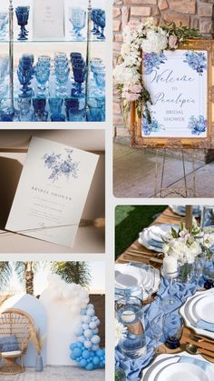 blue and white wedding decor with flowers, plates, napkins and place settings for guests