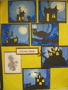 a bulletin board decorated with black and yellow paper cut out of houses, bats, and witches