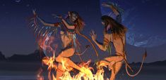 two women are dancing around a fire with their arms in the air and one is holding her head