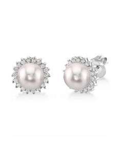 Classic Pearl Diamond Earrings, Classic Round Pearl Diamond Earrings, Classic Pearl Earrings With Brilliant Cut, Formal Round Akoya Pearl Earrings, Fine Jewelry Round Pearl Earrings With Pearl Charm, Fine Jewelry Pearl Earrings With Brilliant Cut, Round Pearl Charm Earrings, Fine Jewelry, White Gold Brilliant Cut Pearl Earrings, Pear-shaped White Gold Pearl Earrings