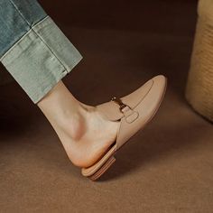 LBSFY - Women Pumps Office Casual Mules Round Toe Low Heels Slippers Genuine Leather Fashion Metal Buckle Shoes Woman 2024 Spring Summer Trendy Closed Toe Office Mules, Beige Closed Toe Office Mules, Office Beige Closed Toe Mules, Heels Slippers, 2024 Spring Summer, Heel Slippers, Buckle Shoes, Shoes Woman, Office Casual