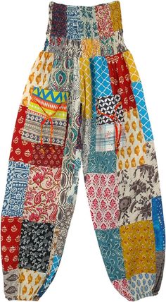 Smocked Waist Mixed Patchwork Elastic Bottom Harem Pants | Multicoloured | Split-Skirts-Pants, Patchwork, Pocket, Yoga, Vacation, Beach, Floral, Printed, Casual Summer Pants With Floral Patchwork, Hippie Cotton Bottoms With Floral Patchwork, Bohemian Cotton Pants With Floral Patchwork, Multicolor Patchwork Relaxed Fit Bottoms, Bohemian Cotton Bottoms With Floral Patchwork, Multicolor Patchwork Harem Pants For Spring, Multicolor Bohemian Pants With Relaxed Fit, Multicolor Cotton Patchwork Pants, Spring Multicolor Patchwork Harem Pants