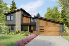 this is a computer rendering of a modern house with wood accents on the front and side