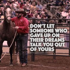 a man holding the reins of a horse in front of a crowd with a quote on it