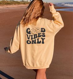 ONLINE EXCLUSIVE Good Vibes Only Comfort Color SweatshirtLeft Chest: Smiley FaceFull Back: Good Vibes Only LogoSweatshirt is not oversized....model is small, wearing a large.9.5 oz. 80/20 ringspun cotton/ polyester Nursing Sports Bra, Color Sweatshirt, Comfort Colors Sweatshirt, Logo Sweatshirt, Comfort Color, Star Rating, Sweater Sale, Country Chic, Good Vibes Only