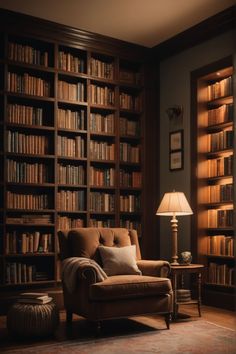 a living room filled with lots of book shelves and a chair next to a lamp