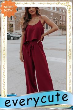 Wine Red Tie Waist Spaghetti Strap Wide Leg Jumpsuit Red Tie, Wide Leg Jumpsuit, Wine Red, Jumpsuit Romper, Spaghetti Strap, Spaghetti, Wide Leg, Jumpsuit, Rompers