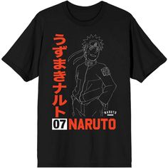 Embrace the ninja way with this Naruto tee. The shirt features Naruto Uzumaki drawn with grey line art. Naruto appears in red letters below the image, and vertical red kanji letters spell out the name Uzumaki next to the character. A black 07 appears on a white square between the names. The tee comes in a black short sleeve crew neck and makes a great gift for fans of the anime series. Naruto Tshirt, Bold Anime, Kanji Letters, Naruto Shirt, Naruto Shirts, Naruto T Shirt, Red Letters, 2160x3840 Wallpaper, Spooky Tattoos