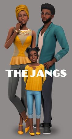 an animated family poses for the camera in front of a gray background with the words, the jangs