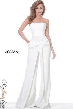 White Jumpsuit Formal, One Piece Pant Suit, Prom Jumpsuit, Jovani Prom, Straight Across Neckline, Formal Jumpsuit, Evening Jumpsuit, Prom Ideas, Unique Prom Dresses