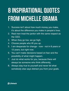 a poster with the words, 8 inspirational quotes from michelle obama on blue and green background