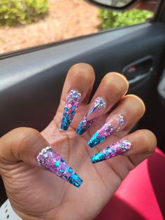 Mermaid inspired nails with pink, blue, purple base colors and rhinestones shiny sparkle coffin Mermaid Inspired Nails, Nails With Pink, Turquoise Nails, Pink Glitter Nails, Acrylic Nail Set, Inspired Nails, Mermaid Inspired, Long Square Acrylic Nails, Square Acrylic Nails