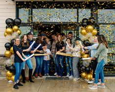 Grand opening, ribbon cutting, boutique, confetti cannons Grand Opening Ideas Business Decorations Balloons, Grand Opening Window Display, Grand Reopening Ideas Business, Med Spa Grand Opening Ideas, Grand Opening Aesthetic