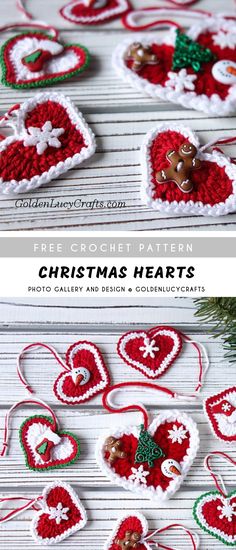 crocheted christmas heart ornaments are displayed on a table