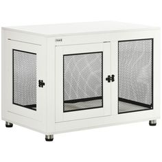 a white cabinet with two doors and some black mesh on the front, sitting against a white background