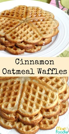 two pictures of homemade cinnamon oatmeal waffles on a white plate