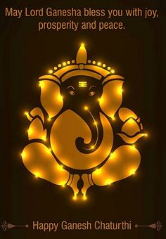 happy ganeshi greeting card with golden lights and an elephant on dark brown background