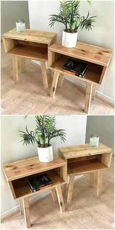 two wooden tables with plants in them on the top and bottom, side by side