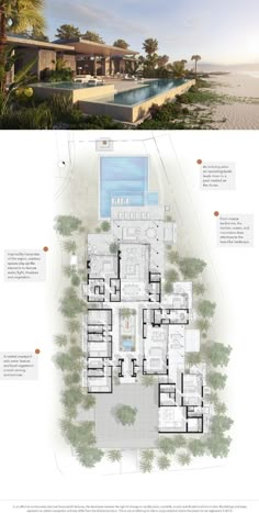 the floor plan for this modern house is shown in two separate sections, with an ocean view