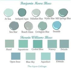 some blue and green paint colors for the walls in this room, with different shades