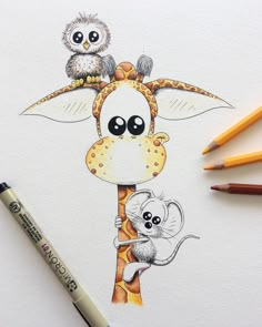 a drawing of a giraffe with two owls on it