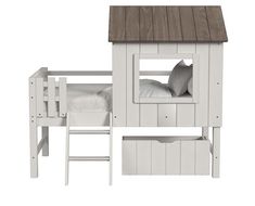 a white bunk bed with a wooden roof and ladder to the top that has a pillow on it