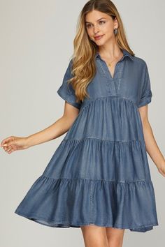 Woven washed chambray, tiered dress with collar flowing into split neck placket, short folded sleeves, and side pockets. Folded Sleeves, Dress With Collar, Collared Dress, Graphic Tee Dress, Tee Dress, Tiered Dress, Dress Romper, Collar Dress, Fashion Sewing