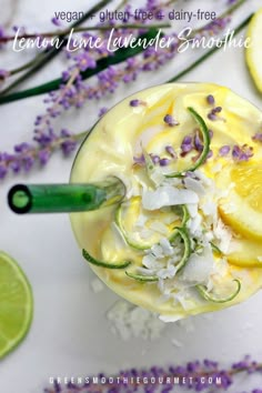 a lemon and lavender smoothie is garnished with fresh flowers