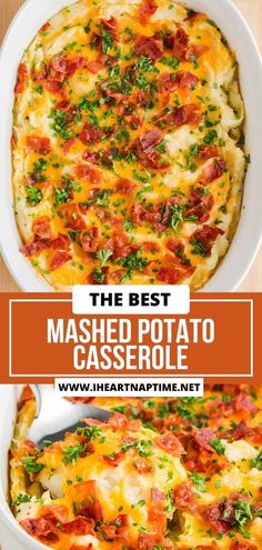 the best mashed potato casserole recipe with ham and cheese in a white dish