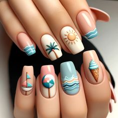 Simplistic summer-themed nail designs. Each nail features a different design. Coastal Nails, Subtle Nails, Nail Design Ideas, Simple Nail Art Designs, Vacation Nails, Trendy Nail Design, Beach Nails, Toe Nail Art, Easy Nail Art