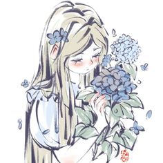 a drawing of a girl with flowers in her hand