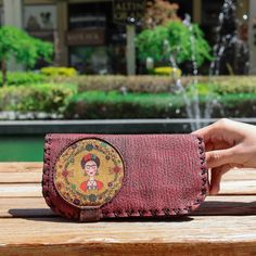 "Imagine this \"Frida Khalo Vegan Leather Wallet\" in your hand or bag... This vintage style wallet; * Can be used as money bag, handmade coin purse, credit card holder or small boho money purse * Made of soft outer material which is high quality faux leather and the inside is soft nubuck/suede * Has the front patterns which are made from recycled woven fabric printed with water-based dyes * Durable, waterproof and can be used for a long time without being deformed * Measures app.: 4'' x 7.4\" ( Bohemian Coin Purse As Gift, Vintage Bifold Clutch For Daily Use, Vintage Handmade Clutch For Everyday Use, Vintage Clutch For Daily Use, Handmade Bohemian Wallet As Gift, Bohemian Coin Purse Gift, Vintage Handmade Wallets For Daily Use, Handmade Bohemian Wallets For Gift, Handmade Bohemian Wallets For Festivals