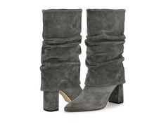 Nine West Francis - Women's Boots : Dark Grey Suede : Step into style with the Nine West Francis boots. These calf-high boots are crafted to make a statement with their fashion-forward details. Featuring a block heel, they provide both height and elegance, while the fabric ruching adds a trendy and distinctive touch. The fashionable pointy toe completes the chic design, making these boots a versatile choice for various occasions. Suede or faux suede upper. Textile or man-made lining with a comfy Suede Mid-calf Boots With Stacked Heel For Winter, Winter Mid-calf Suede Boots With Stacked Heel, True Cool Summer, Polka Dot Dresses, Calf High Boots, Boots Grey, Soft Cooler, Grey Boots, Grey Suede