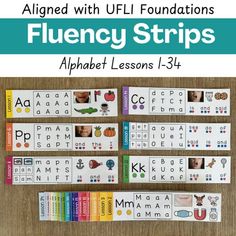 four different alphabets with the words flueny strips on them, and an image of