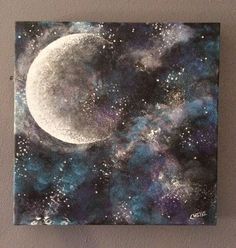 a painting of the moon and stars in the night sky with blue, purple, and green hues