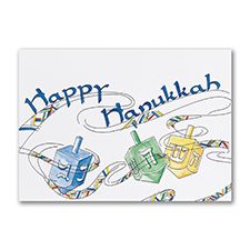 a happy hanukkah greeting card with colorful objects