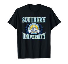 PRICES MAY VARY. Officially Licensed Southern University apparel. Show your support for the Jaguars with this Southern logo apparel! The soft material and digitally printed logo make this a great addition to any Southern Jaguars apparel collection! Go Jaguars! Wear this fan favorite Southern Jaguars apparel to the big game or just hanging our around the house. The unique logo done in vibrant colors will let you let everyone know your affiliation with the SU! Lightweight, Classic fit, Double-need Black Band Merch T-shirt For College, School Spirit Black T-shirt With Logo, Southern University Jaguars, Jaguars Logo, University Merchandise, Southern University, University Shirt, T Shirt Image, University Blue