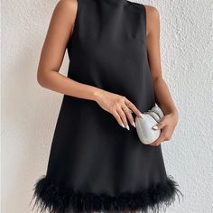 Black High Neck Fuzzy Trim Dress/ Brand New/ Never Worn Fuzzy Trim Dress, Feather Outfit, English Classic, Christmas Wardrobe, Stand Neck, Bachelorette Outfits, Black Party Dresses, Shein Dress, Feather Dress