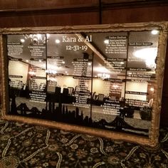 a large menu board on the floor in a room with wood paneling and walls