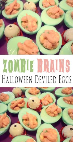 halloween deviled eggs are arranged on green plates with the words zombie brain's written above them