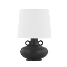 a black table lamp with a white shade on the top and bottom part of it