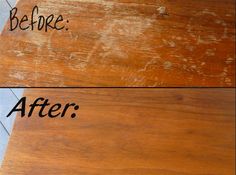 before and after photos of wood staining on furniture with text overlay that reads, before and after