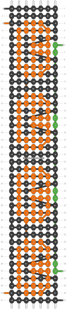 an orange, black and white pattern with green dots on the bottom right corner is shown