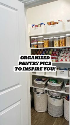 an organized pantry with bins and baskets on the bottom shelf, labeled organized pantry pics to inspire you