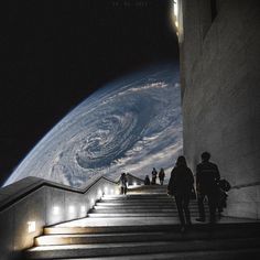 some people are walking up some stairs towards the earth and stars in the sky behind them